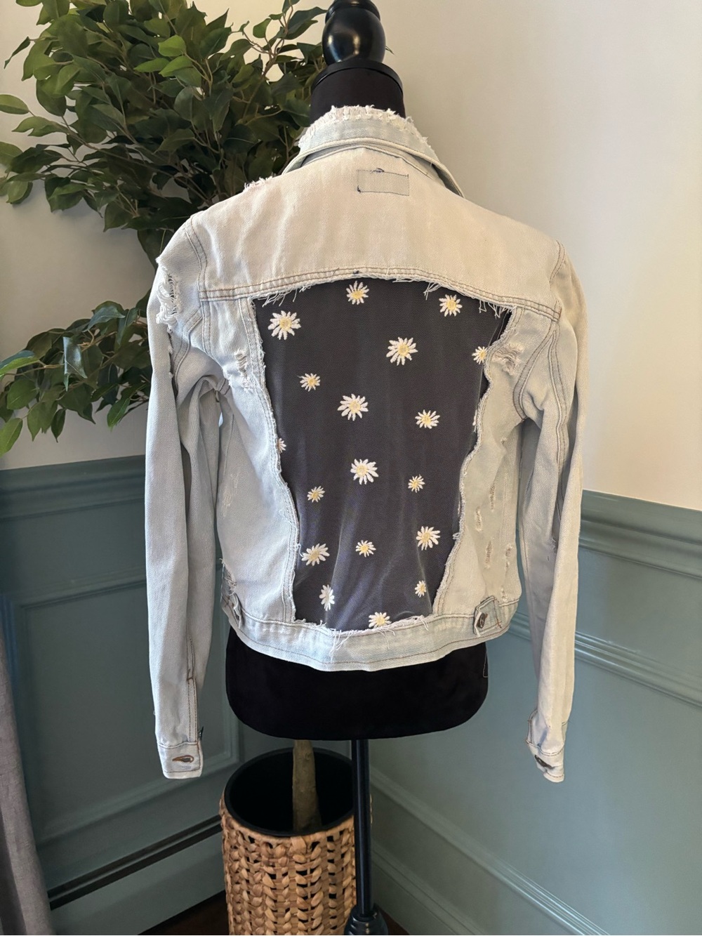 Upcycled Light Wash Denim Jacket with Daisy Panel - Women's